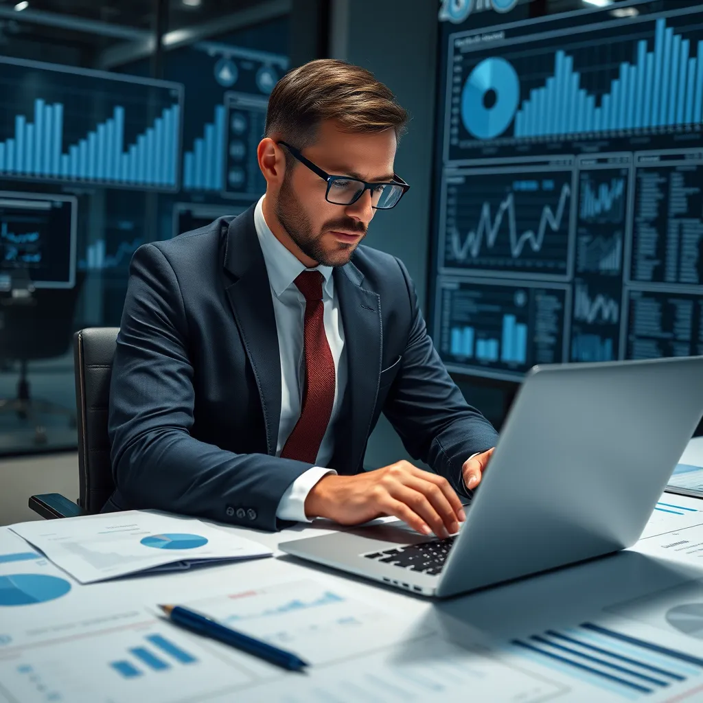A consultant, wearing a business suit, analyzing data on a laptop. They are sitting in a modern office, surrounded by graphs, charts, and data visualizations. The image should convey a sense of precision, analytical focus, and problem-solving expertise.